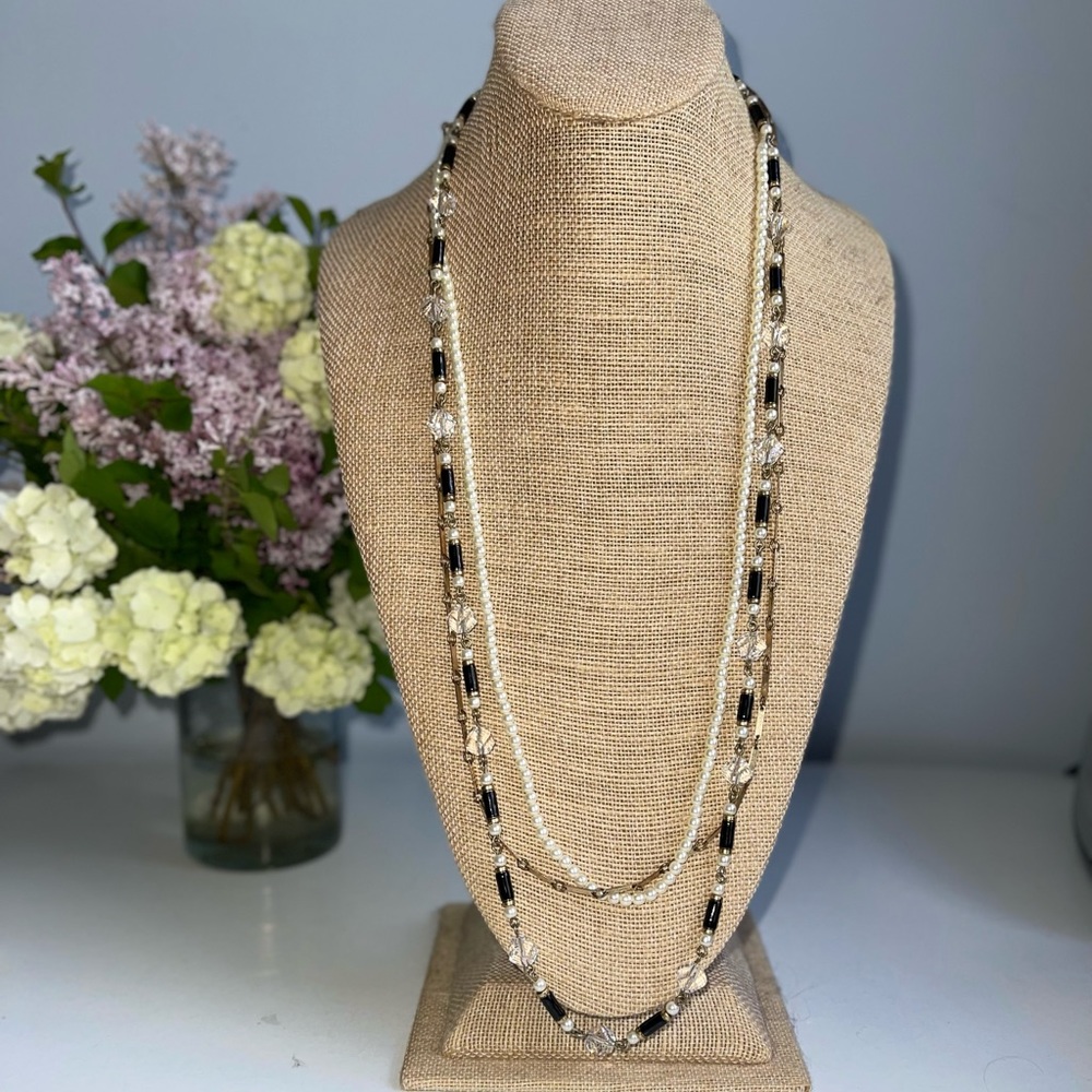 J.CREW | Triple Strands of Crystals, Faux Pearls & Blk Bars Jewelry Necklace